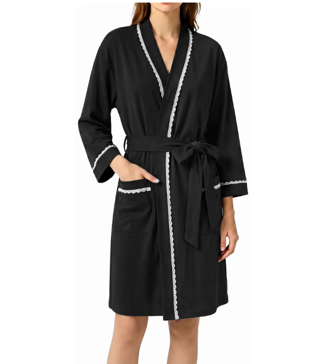 Loritta Secret Robe for Women 3/4 Sleeves Lace Trim Knit Lightweight Knee Length Bathrobe Soft Sleepwear Robe with Pockets