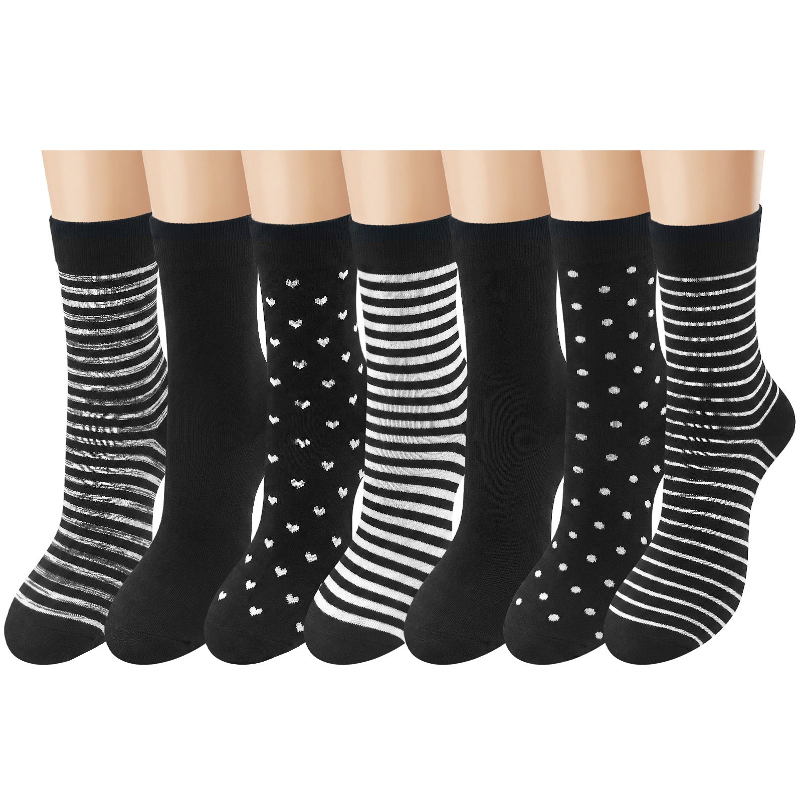 Loritta Secret 7 Pairs Womens Cotton Crew Socks, Casual Soft Calf Dress Socks Heart Striped Pattern
