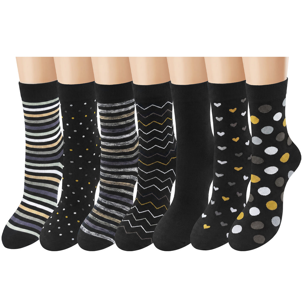 Loritta Secret 7 Pairs Womens Cotton Crew Socks, Casual Soft Calf Dress Socks Heart Striped Pattern