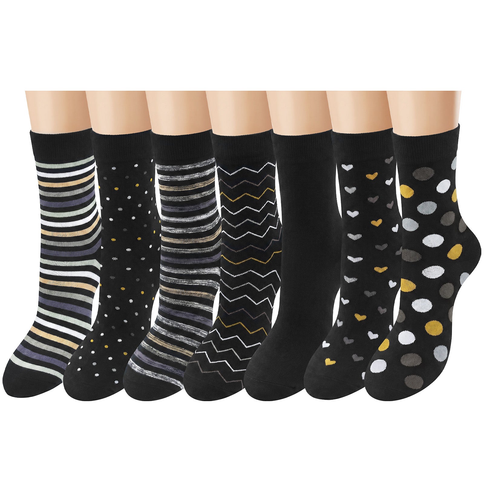Loritta Secret 7 Pairs Womens Cotton Crew Socks, Casual Soft Calf Dress Socks Heart Striped Pattern