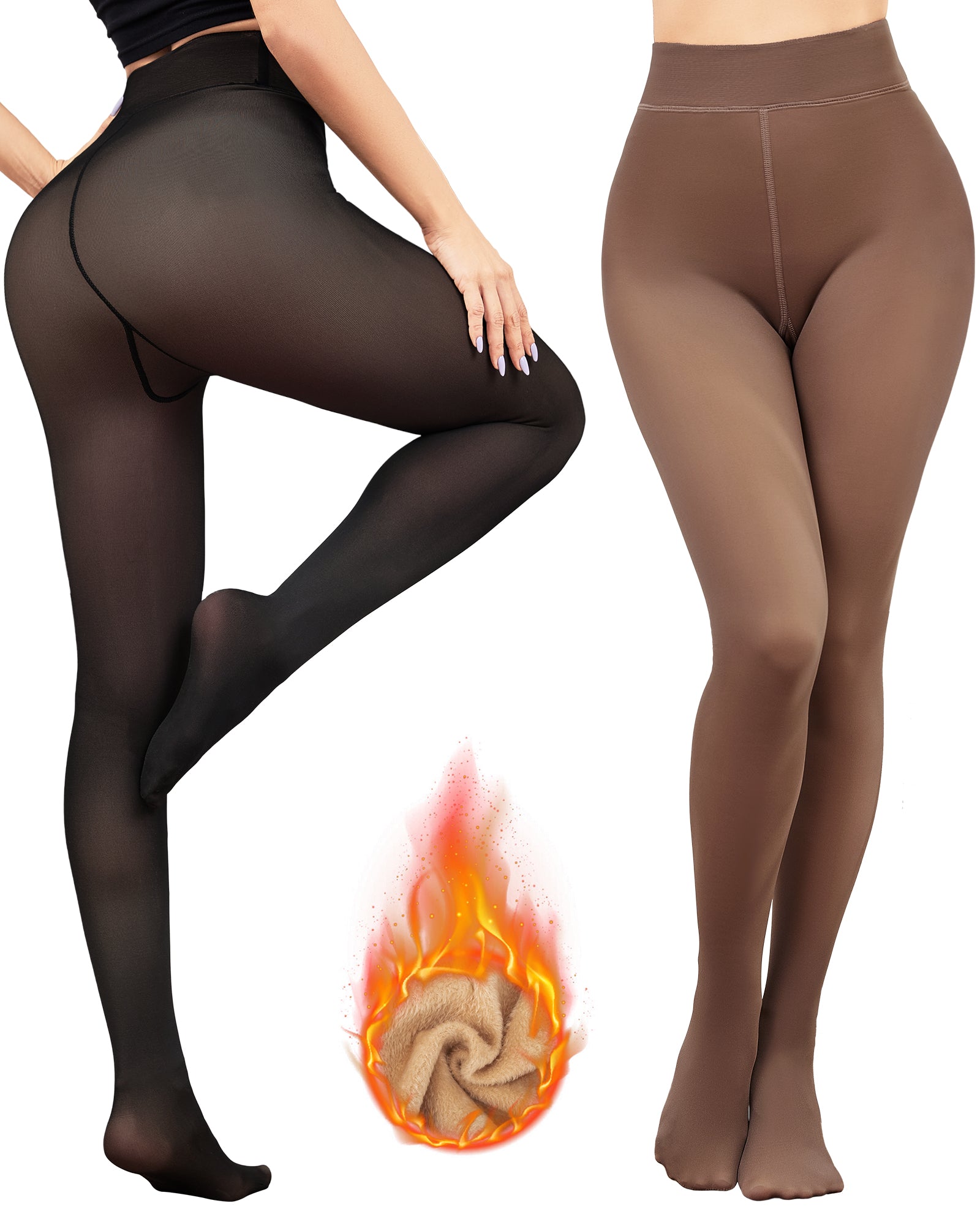Loritta Secret 2 Pairs Women Fleece Lined Tights Fake Translucent Leggings High Waist Warm Thermal Pantyhose for Winter