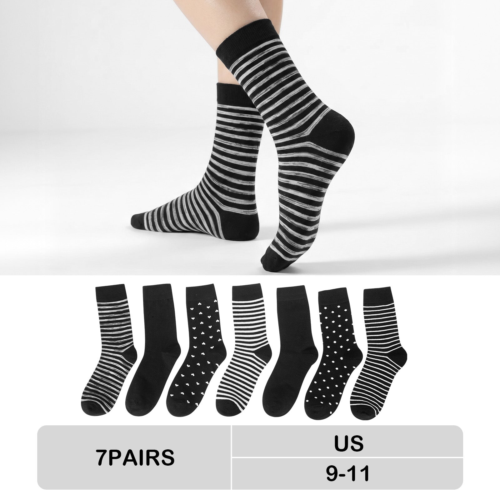 Loritta Secret 7 Pairs Womens Cotton Crew Socks, Casual Soft Calf Dress Socks Heart Striped Pattern