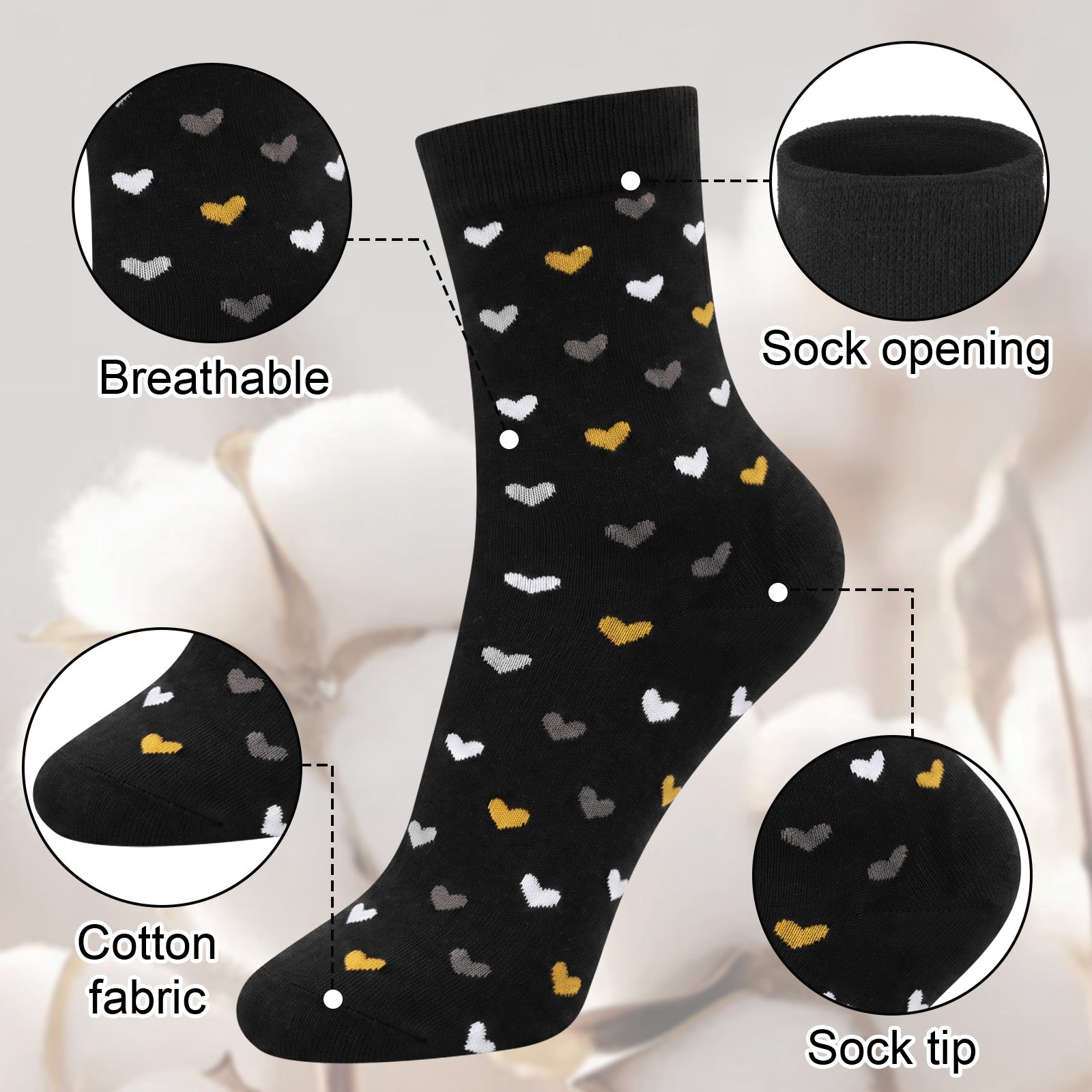 Loritta Secret 7 Pairs Womens Cotton Crew Socks, Casual Soft Calf Dress Socks Heart Striped Pattern