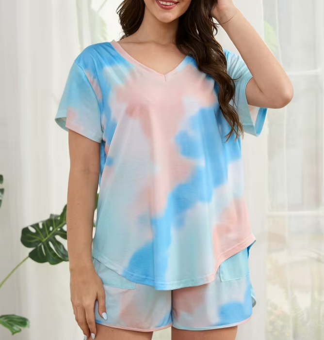 Loritta Secret Tie Dye Womens Pajama Sets Short Sleeve 2 Piece PJ Sets Women Summer Loungewear with Pockets, S-2XL