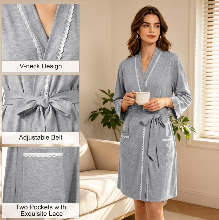 Loritta Secret Robe for Women 3/4 Sleeves Lace Trim Knit Lightweight Knee Length Bathrobe Soft Sleepwear Robe with Pockets