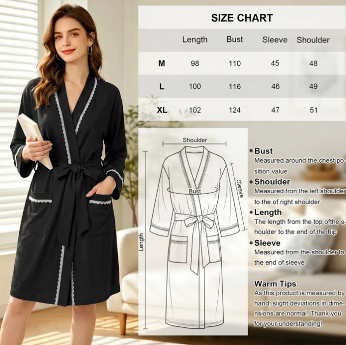 Loritta Secret Robe for Women 3/4 Sleeves Lace Trim Knit Lightweight Knee Length Bathrobe Soft Sleepwear Robe with Pockets