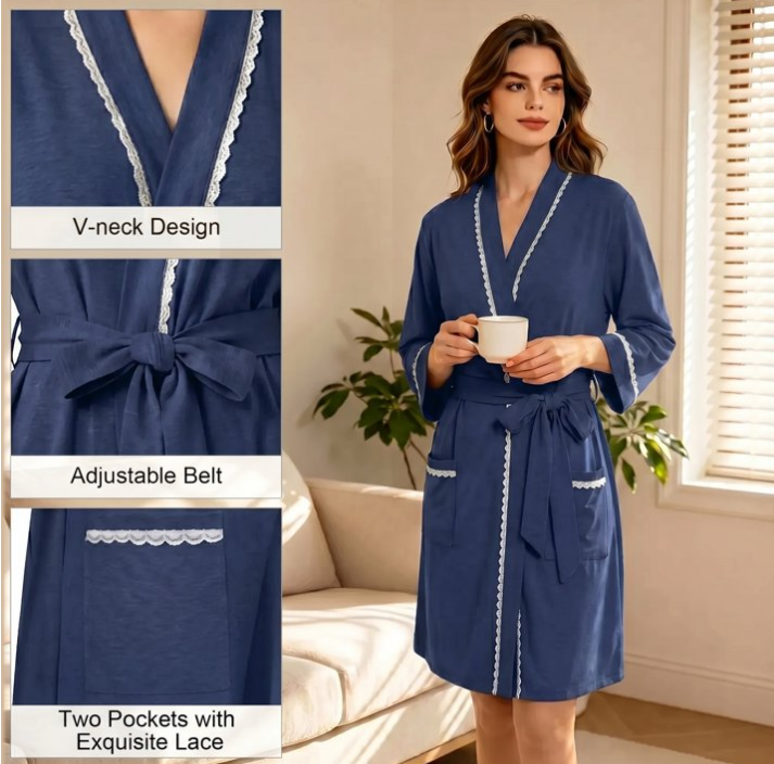 Loritta Secret Robe for Women 3/4 Sleeves Lace Trim Knit Lightweight Knee Length Bathrobe Soft Sleepwear Robe with Pockets