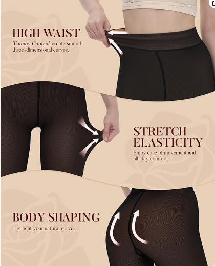 Loritta Secret 2 Pairs Women Fleece Lined Tights Fake Translucent Leggings High Waist Warm Thermal Pantyhose for Winter
