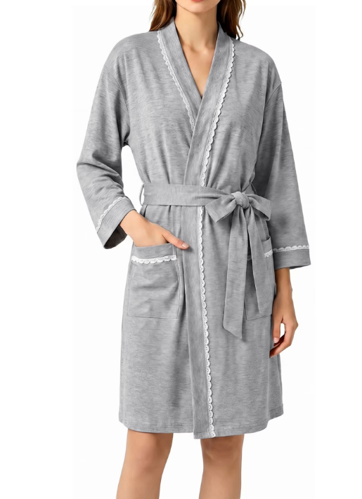 Loritta Secret Robe for Women 3/4 Sleeves Lace Trim Knit Lightweight Knee Length Bathrobe Soft Sleepwear Robe with Pockets