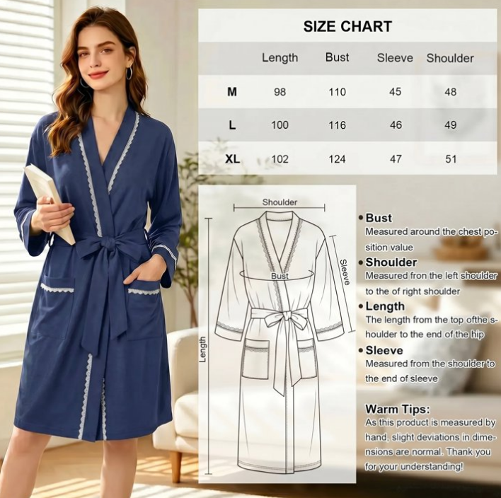 Loritta Secret Robe for Women 3/4 Sleeves Lace Trim Knit Lightweight Knee Length Bathrobe Soft Sleepwear Robe with Pockets