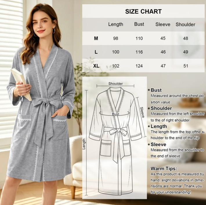 Loritta Secret Robe for Women 3/4 Sleeves Lace Trim Knit Lightweight Knee Length Bathrobe Soft Sleepwear Robe with Pockets