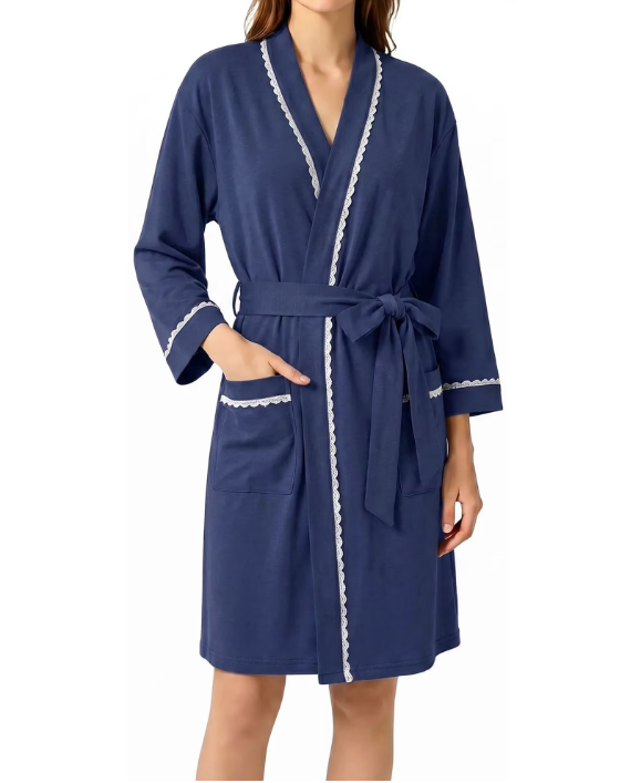 Loritta Secret Robe for Women 3/4 Sleeves Lace Trim Knit Lightweight Knee Length Bathrobe Soft Sleepwear Robe with Pockets