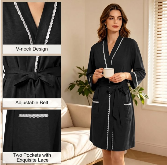 Loritta Secret Robe for Women 3/4 Sleeves Lace Trim Knit Lightweight Knee Length Bathrobe Soft Sleepwear Robe with Pockets